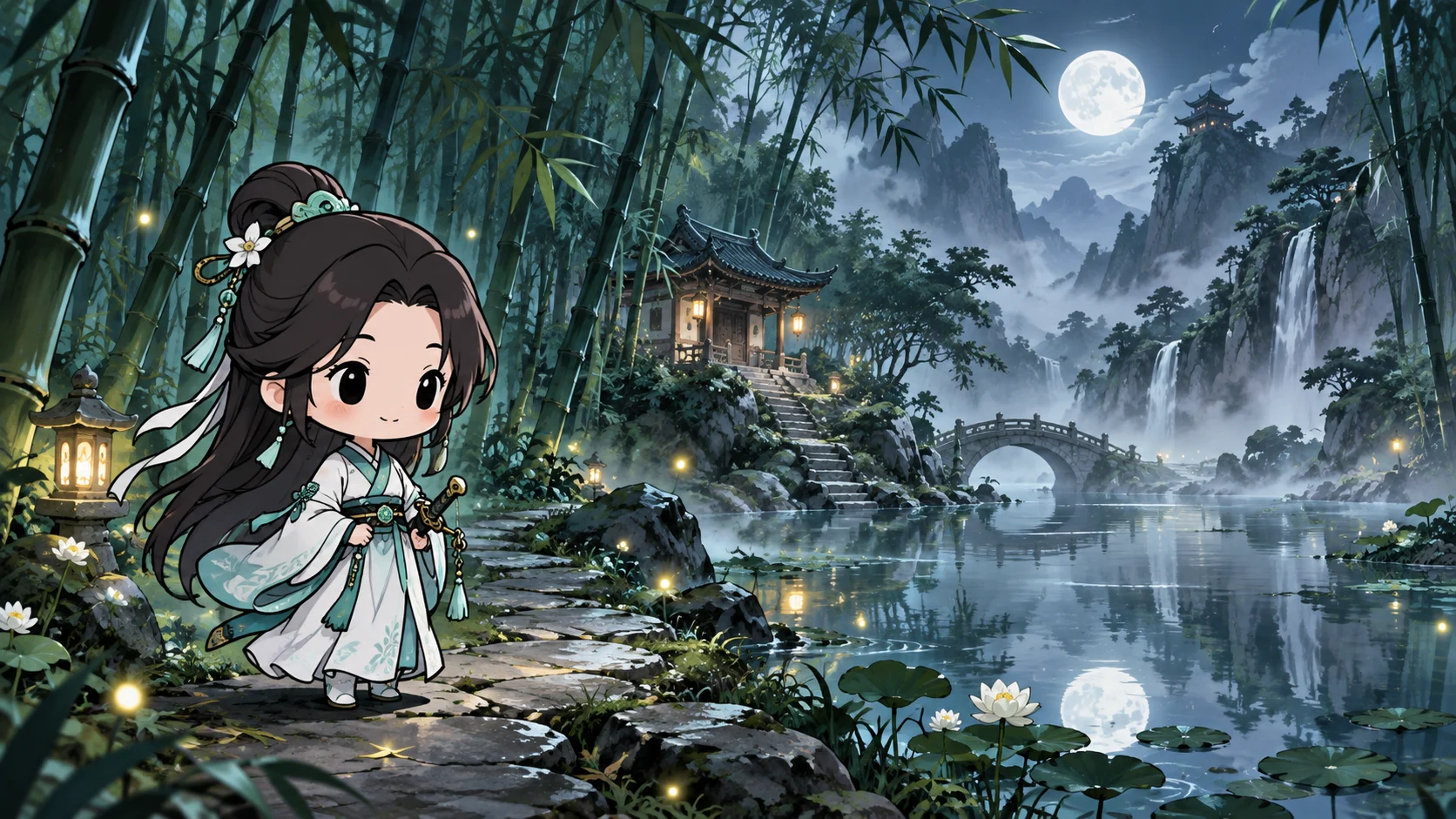 Rừng trúc dưới ánh trăng với nữ kiếm khách chibi